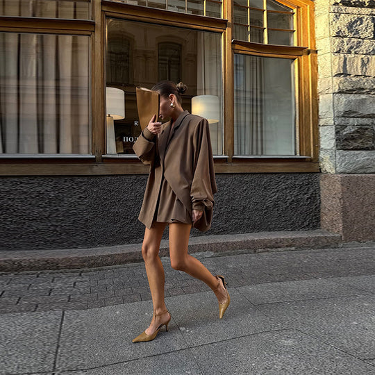Damen Oversized Blazer-Kleid mit Seitentaschen und Gürtel EB
