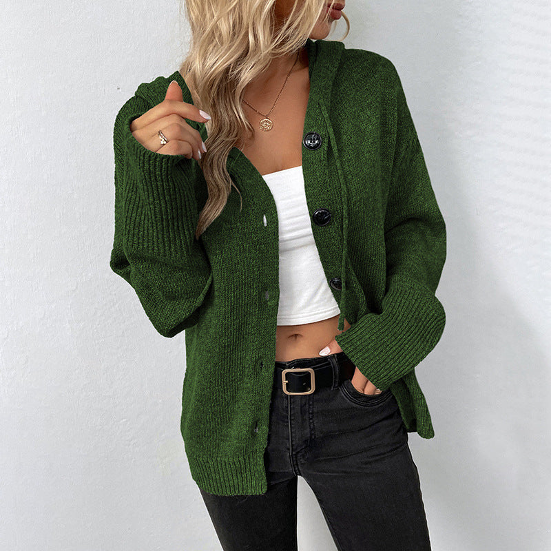 Damen Strickjacke mit Kapuze und Knöpfen EB