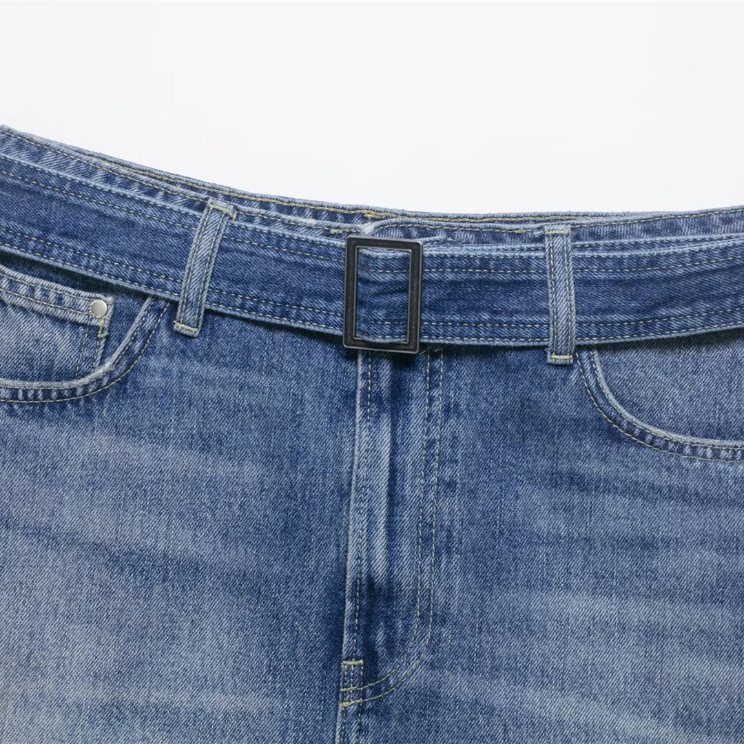 Damen Jeansrock mit verstellbarem Gürtel und klassischen Taschen EB