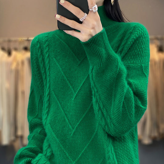 Damen Grobstrickpullover mit innovativem Zopfmuster und hohem Stehkragen EB