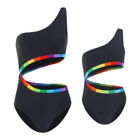 Damen Einseitiger Triangel-Bikini mit buntem Akzentband EB