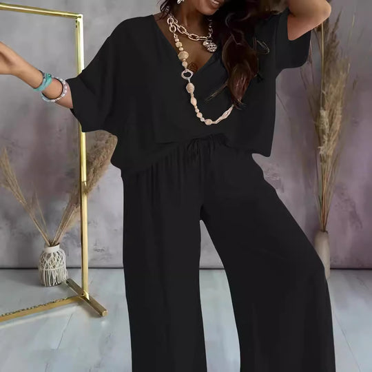 Damen Jumpsuit mit lässigem V-Ausschnitt und weitem Bein EB