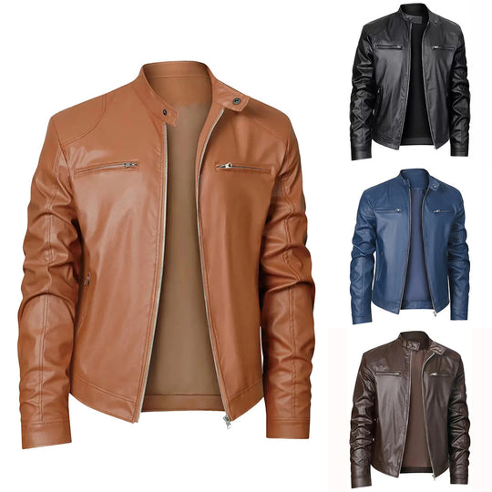 Herren nan schlanke Kunstleder-Bikerjacke mit Stehkragen, durchgehendem Reißverschluss und zwei Brusttaschen EB