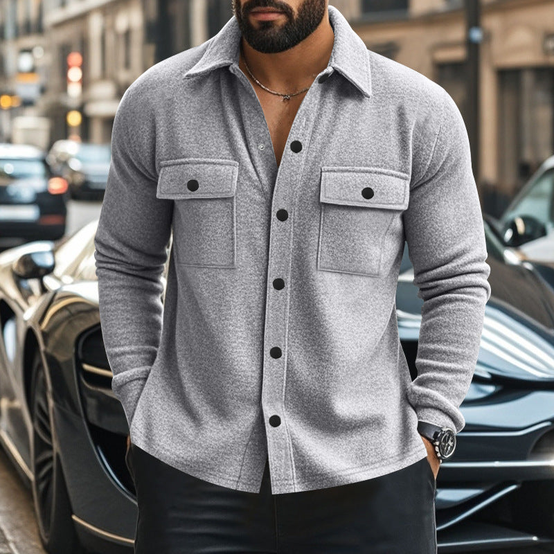 Herren nan modische Overshirt-Jacke in Filzoptik mit aufgesetzten Brusttaschen und sichtbarer Druckknopfleiste EB