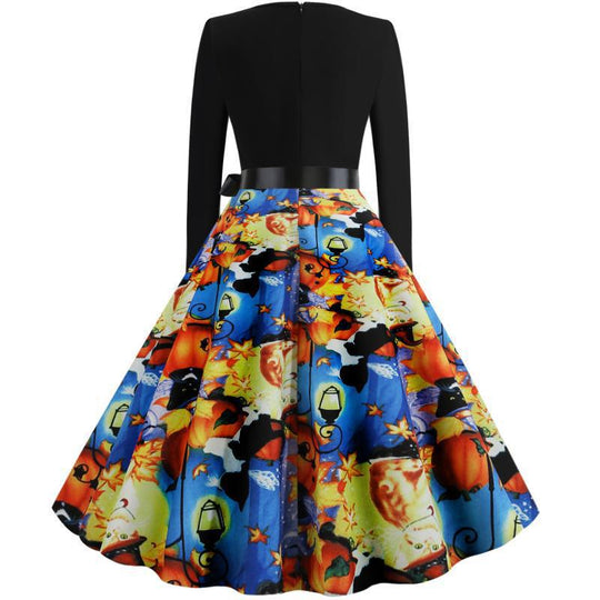Damen Retro Swingkleid mit gewelltem Ausschnitt, langen Ärmeln und Halloween-Print Tellerrock EB