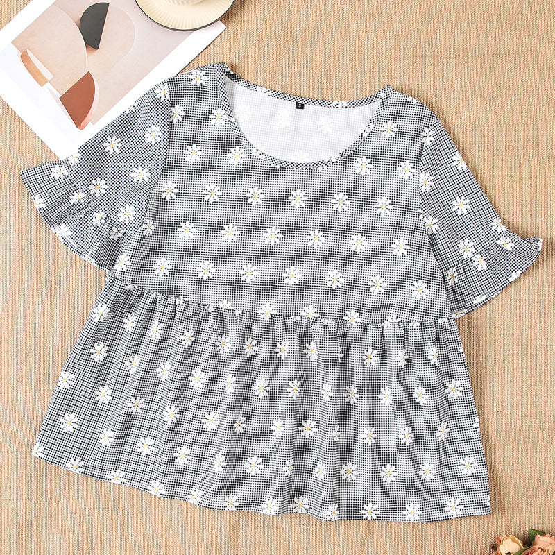 Damen Kurzarm Bluse mit floralem Design und Rüschendetails EB
