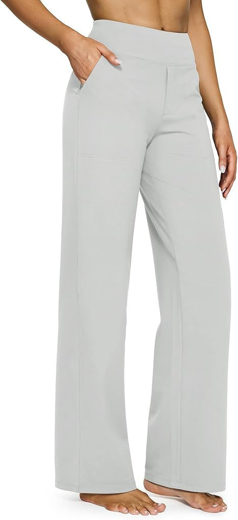 Damen nan fließende High-Waist-Hose mit extra weitem Bein, elastischem Komfortbund und Eingrifftaschen EB