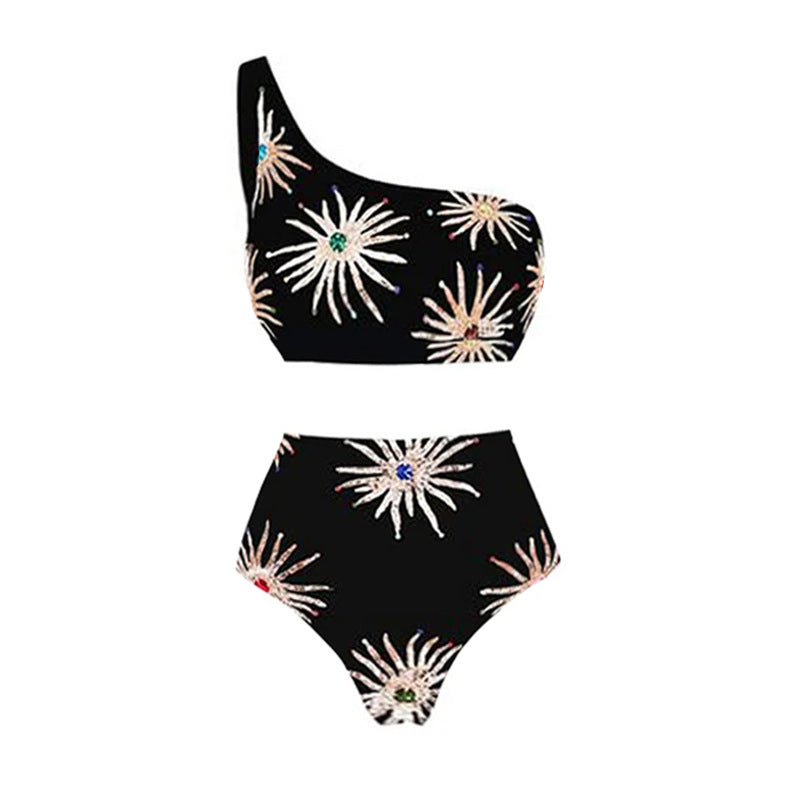 Damen Elegantes asymmetrisches Bikini-Set mit funkelndem Blumendesign EB
