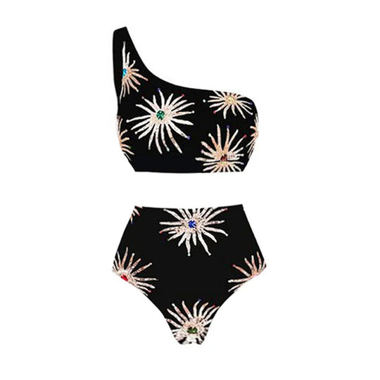 Damen Elegantes asymmetrisches Bikini-Set mit funkelndem Blumendesign EB