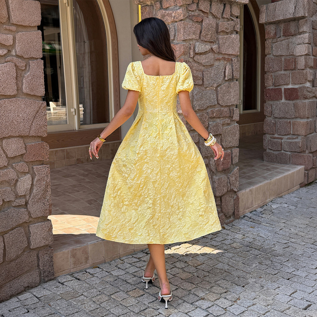 Damen Midi-Kleid mit Puffärmeln und detailliertem Strukturdesign EB
