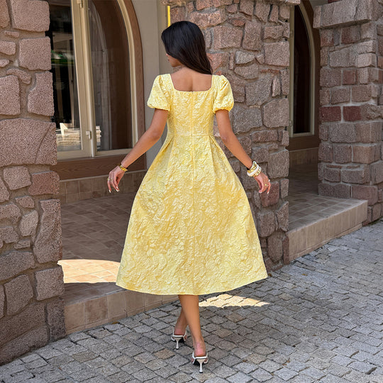 Damen Midi-Kleid mit Puffärmeln und detailliertem Strukturdesign EB