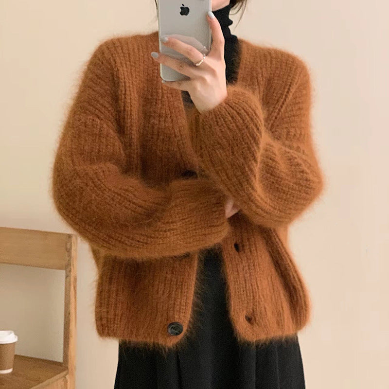 Damen Kuscheliger Strickcardigan mit großen Knöpfen EB