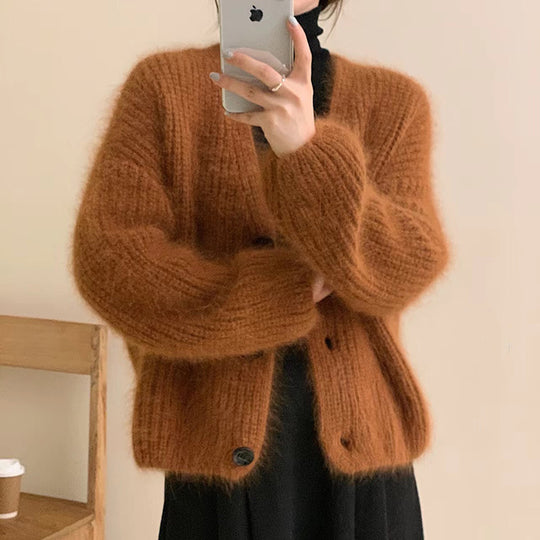 Damen Kuscheliger Strickcardigan mit großen Knöpfen EB