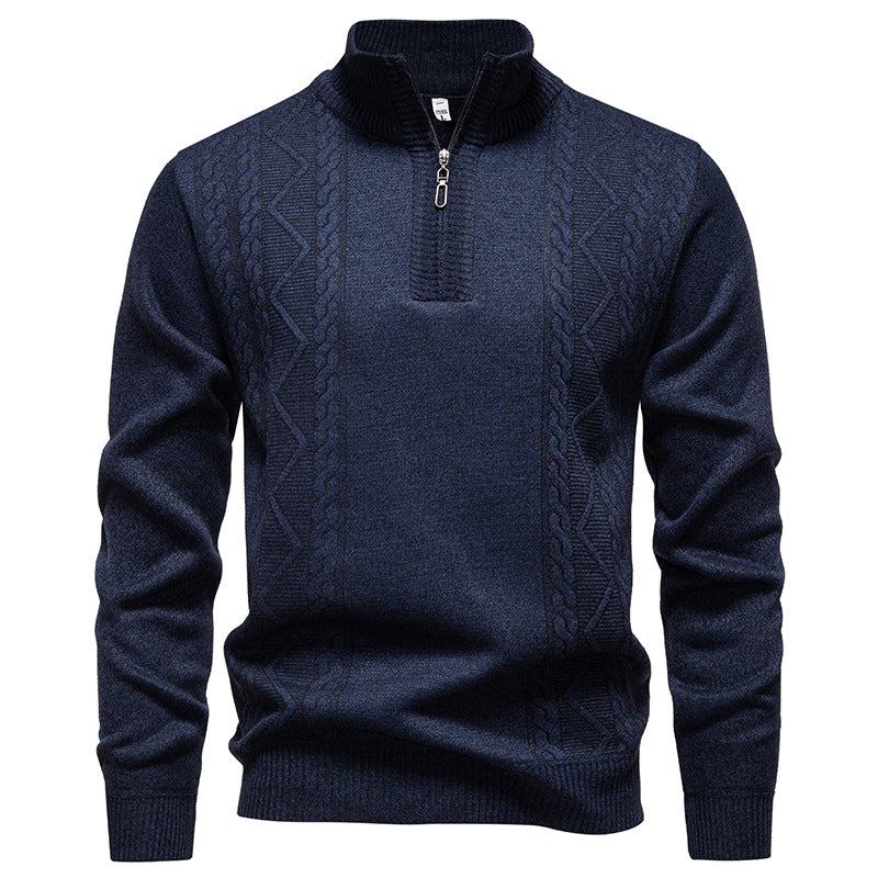 Herren nan gehobener Strickpullover mit Halbzip, Stehkragen und dekorativem Zopfmuster EB