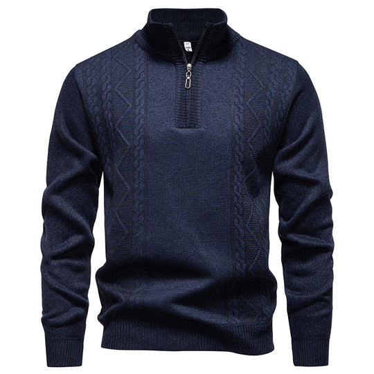 Herren nan gehobener Strickpullover mit Halbzip, Stehkragen und dekorativem Zopfmuster EB