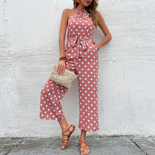 Damen eleganter Jumpsuit mit verstellbarem Bindegürtel und modischem Punkte-Design EB