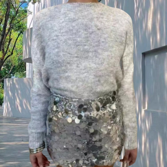 Damen Strickpullover mit offenen Ärmeln und schimmernden Akzenten EB