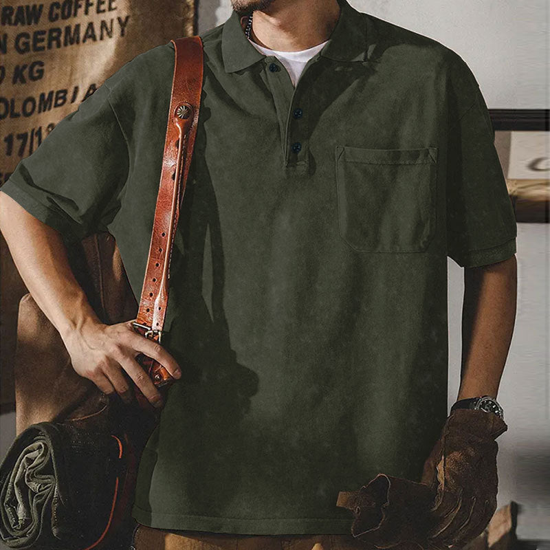 Herren nan locker geschnittenes Baumwoll-Poloshirt mit aufgesetzter Brusttasche und kurzer Knopfleiste EB