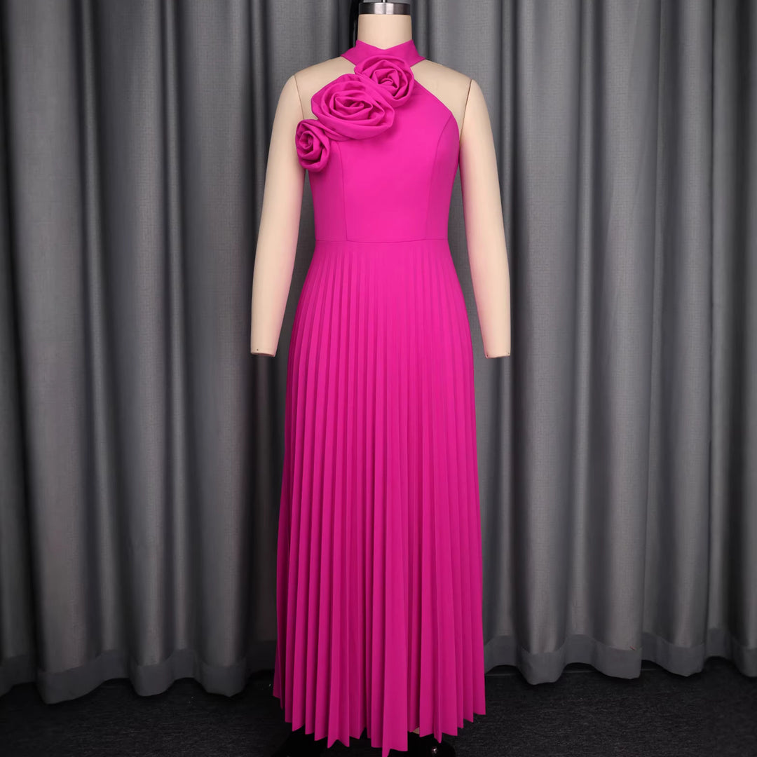 Damen Elegantes Plissiertes Maxikleid mit dekorativen Rosen EB