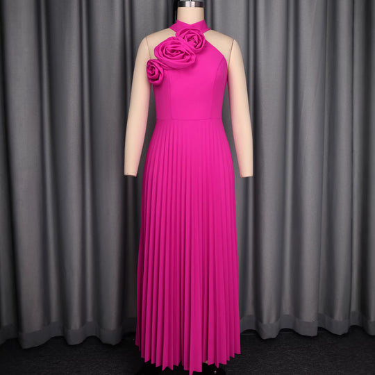 Damen Elegantes Plissiertes Maxikleid mit dekorativen Rosen EB