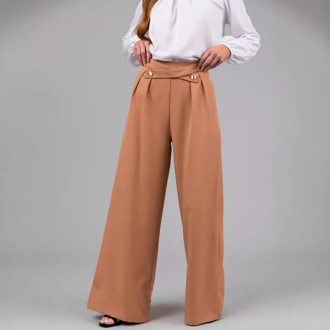 Damen elegante weite Hose mit stylischem Bund und Schaltknopfdetails EB