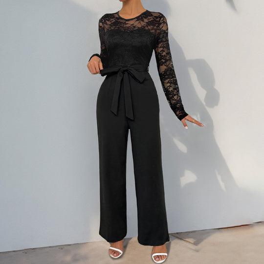 Damen Eleganter Jumpsuit mit Spitzenoberteil und tailliertem Bund EB