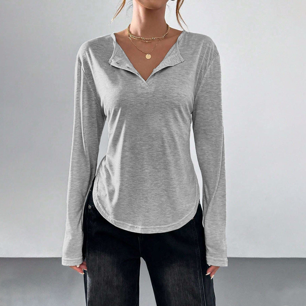 Damen legeres V-Ausschnitt Langarmshirt mit offenem Kragen, weichem Jersey und abgerundetem Saum Eichborn Berlin
