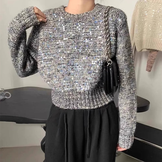 Damen Glitzernder Strickpullover mit Struktur und weitem Schnitt EB