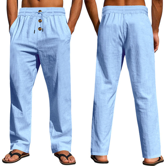 Herren nan lockere Leinen-Relaxhose mit elastischem Tunnelzugbund, Kordelzug und dekorativer Knopfleiste EB