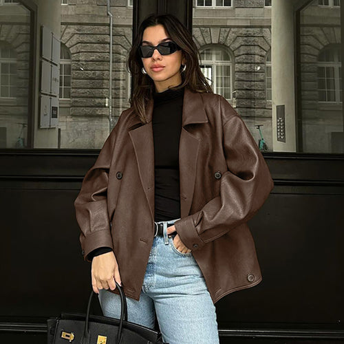 Damen Modische Oversized-Bomberjacke aus Kunstleder mit Knopfdetails EB