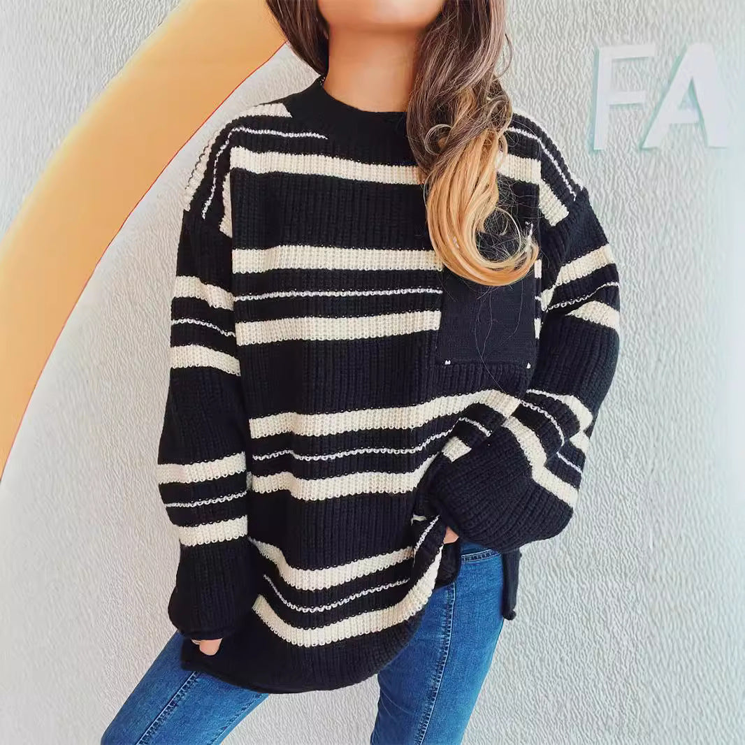 Damen lässiger Strickpullover mit modernem Streifenmuster EB
