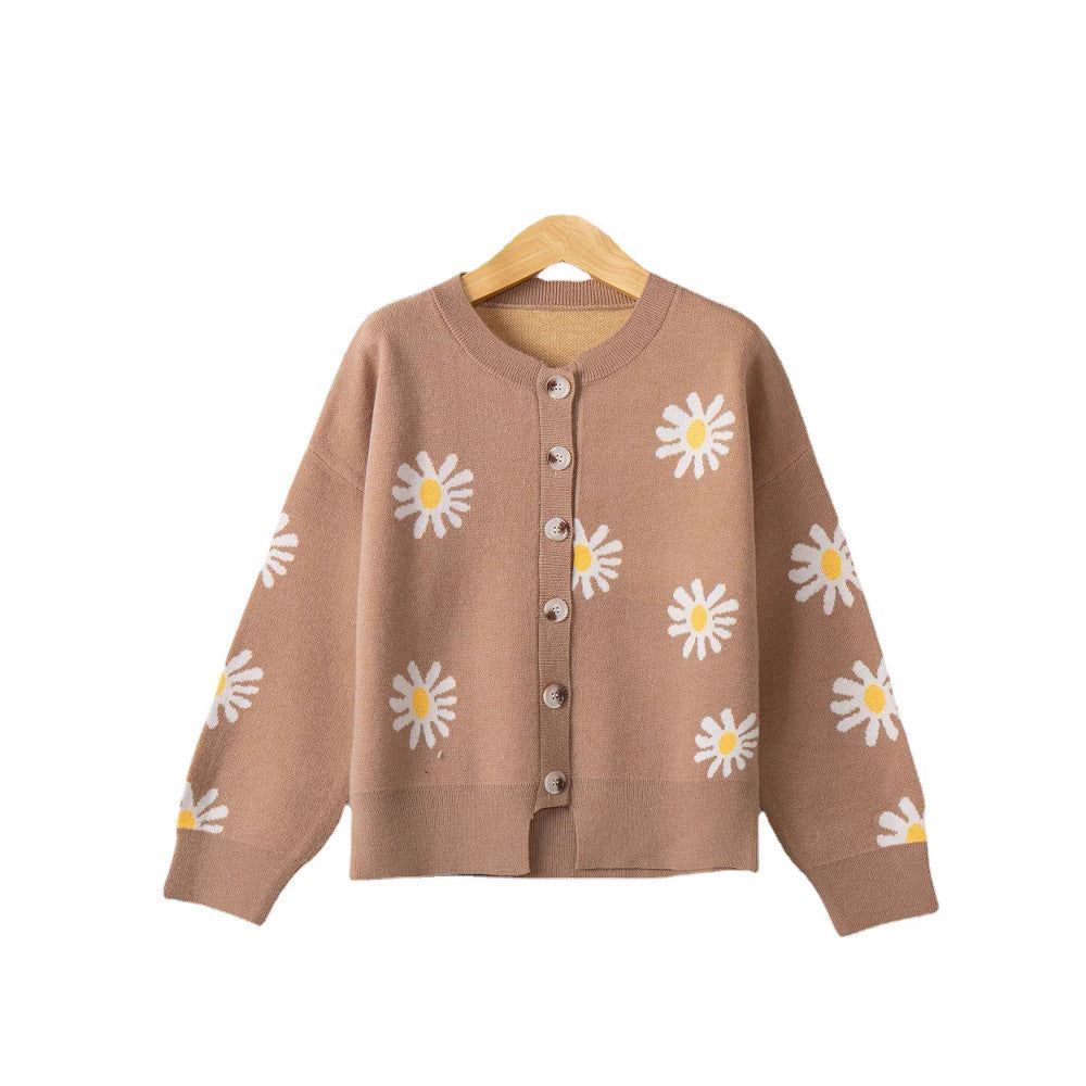 Damen modische Strickjacke mit floralem Muster und kurzen Ärmeln EB