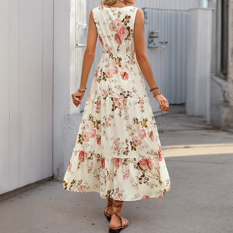 Damen Maxikleid mit floralem Muster und elastischem Taillenband EB