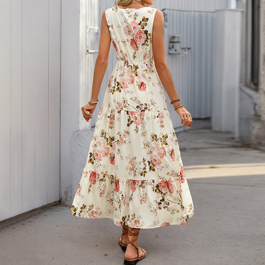 Damen Maxikleid mit floralem Muster und elastischem Taillenband EB
