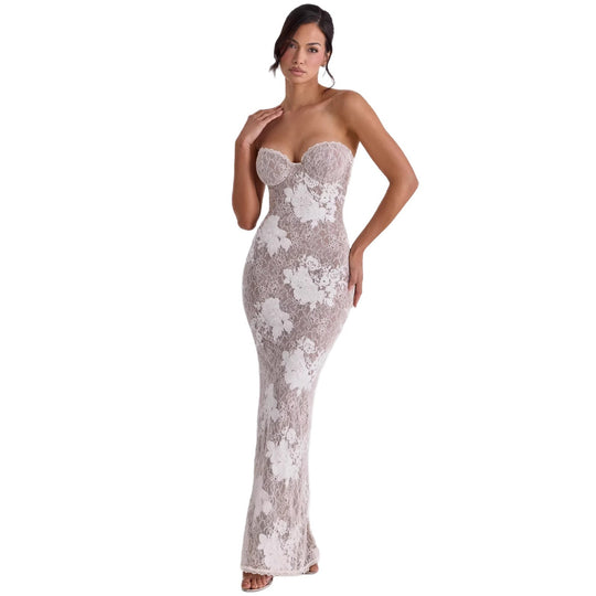 Damen Elegantes Spitzenabendkleid mit langem Arm und verführerischem Schnitt EB