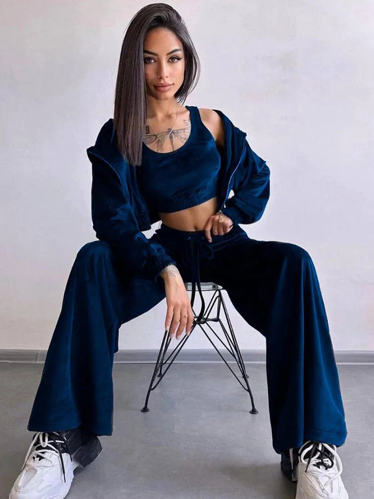 Damen luxuriöses Velours-Lounge-Set mit kurzem Reißverschluss-Hoodie und weitem High-Waist-Hose Eichborn Berlin