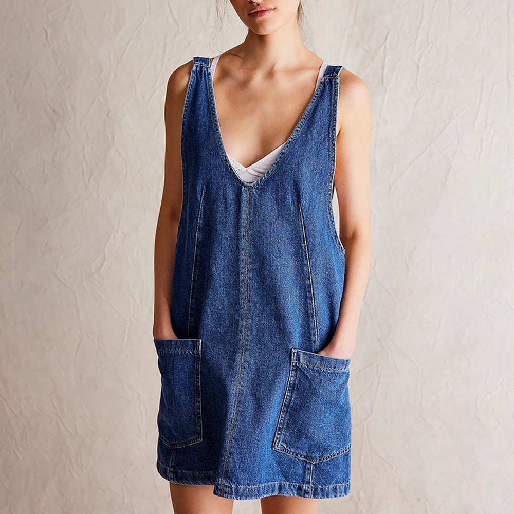 Damen lässiges Freizeitleinenkleid mit tiefem Ausschnitt und großen Taschen EB