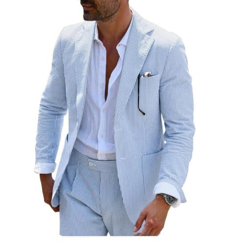 Herren nan sommerlicher Seersucker-Anzug mit ungefüttertem Sakko, schmaler Passform und Faltenhose EB