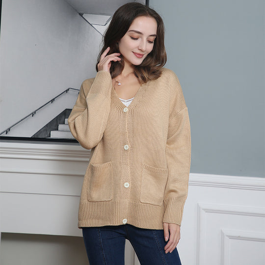 Damen Grobstrick Cardigan mit praktischen Eingrifftaschen und V-Ausschnitt EB