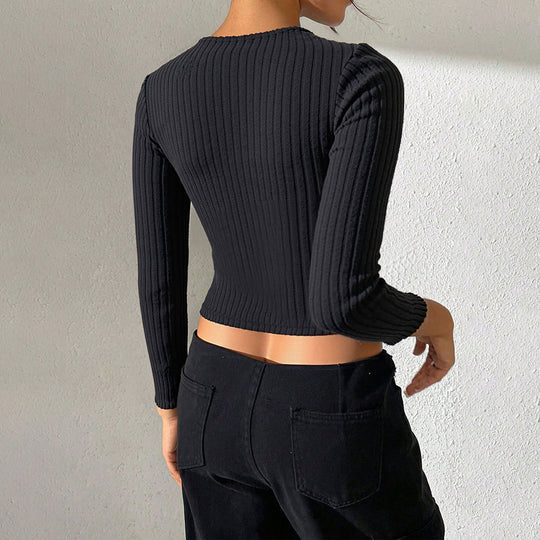 Damen gerippte Cropped-Strickjacke mit spitzem Saum und Knopfverschluss Eichborn Berlin