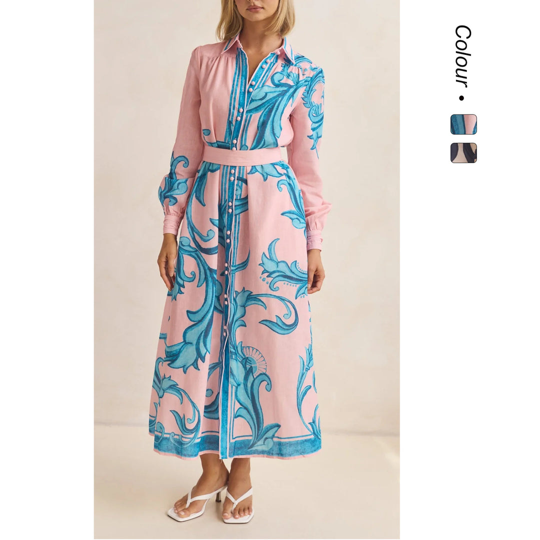 Damen Langarmhemdkleid mit floralen Akzenten und Taillengürtel EB