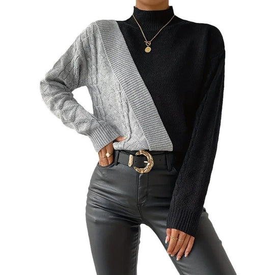 Damen modischer Strickpullover mit asymmetrischem Zopfdesign und hohen Kragen EB