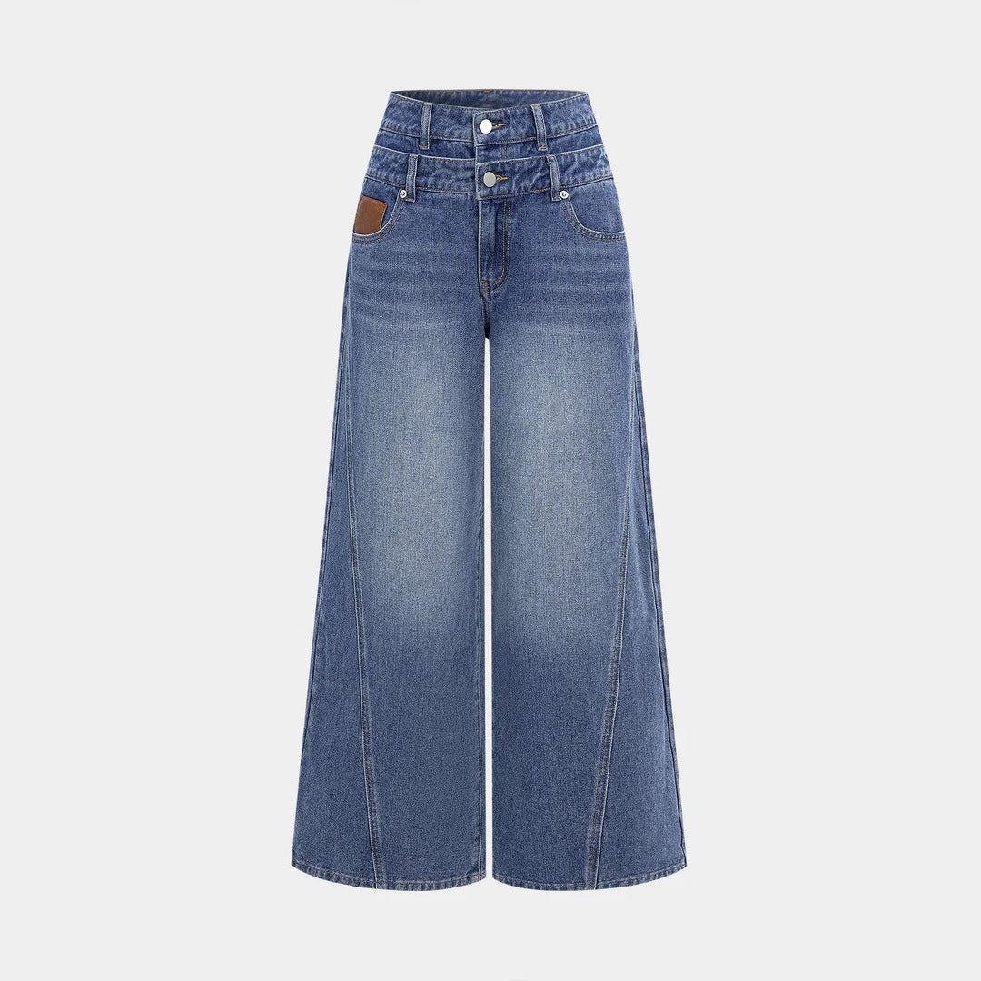 Damen nan hochgeschnittene Doppelbund-Jeansculotte mit weitem Cropped-Bein und sichtbaren Nahtpaneelen EB