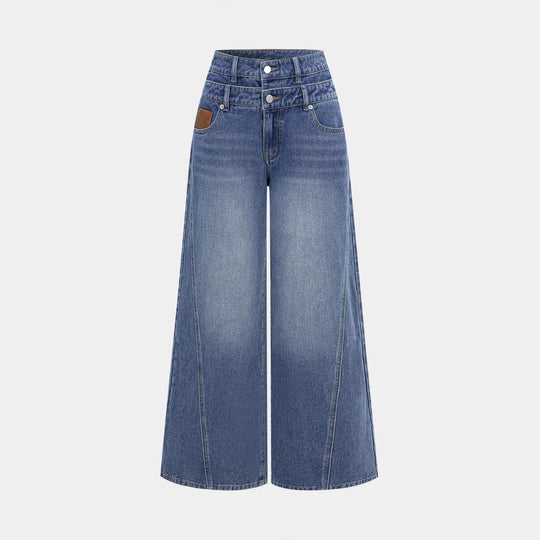 Damen nan hochgeschnittene Doppelbund-Jeansculotte mit weitem Cropped-Bein und sichtbaren Nahtpaneelen EB