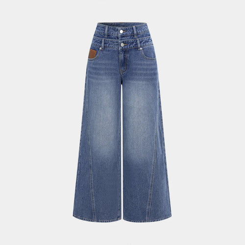 Damen nan hochgeschnittene Doppelbund-Jeansculotte mit weitem Cropped-Bein und sichtbaren Nahtpaneelen EB