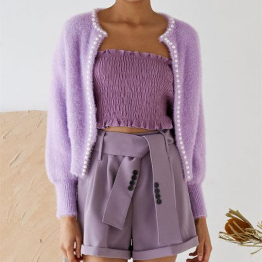 Strickjacke Damen flauschig mit Perlenverzierung