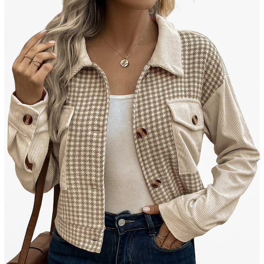 Damen gestreifte Cordjacke im modernen Houndstooth-Design EB