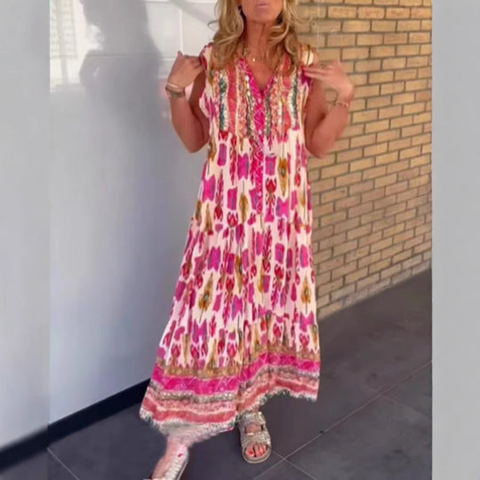 Damen Maxikleid mit buntem Muster und eleganter Stickerei Heidi-Mode