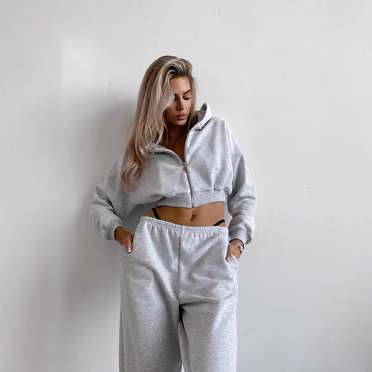Damen Zweiteiliges Cropped-Zip-Hoodie Set mit taillenhoher Relax-Jogginghose und elastischem Bund EB