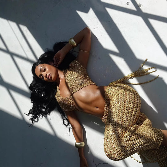 Damen Knöchellanges Glitzer-Overfit-Set mit funkelnden Details und fließendem Design EB